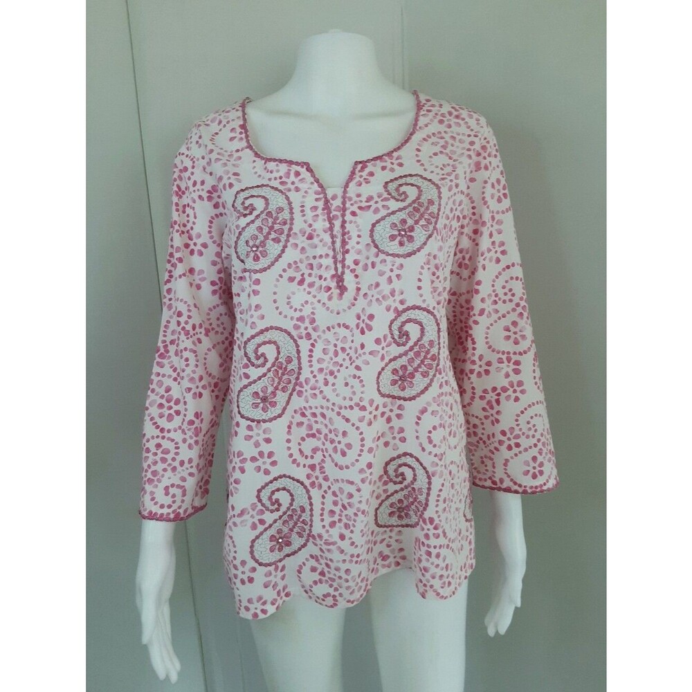 PURE EARTH 100% Cotton Pink | Silver Paisley Embroidered Tunic Top Sz 44 (XL)